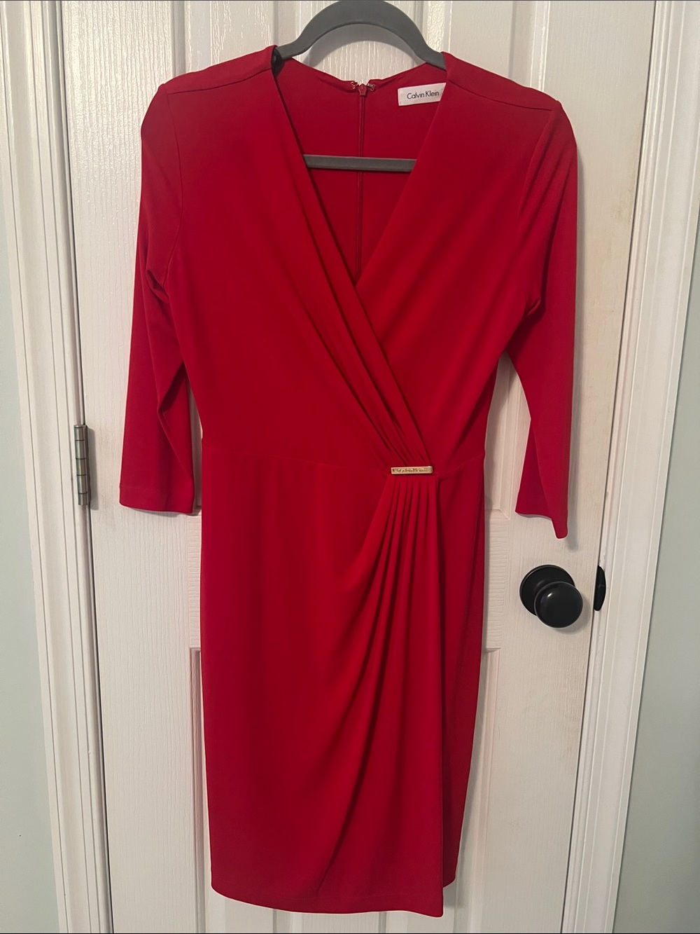 Calvin Klein Red Faux-Wrap Long Sleeve Sheath Dress